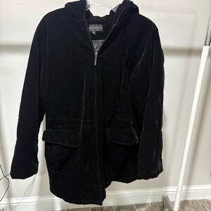 Vtg PORTRAIT Black Velvet Women’s Coat Hooded Sz L Holiday 90s Classic Boho